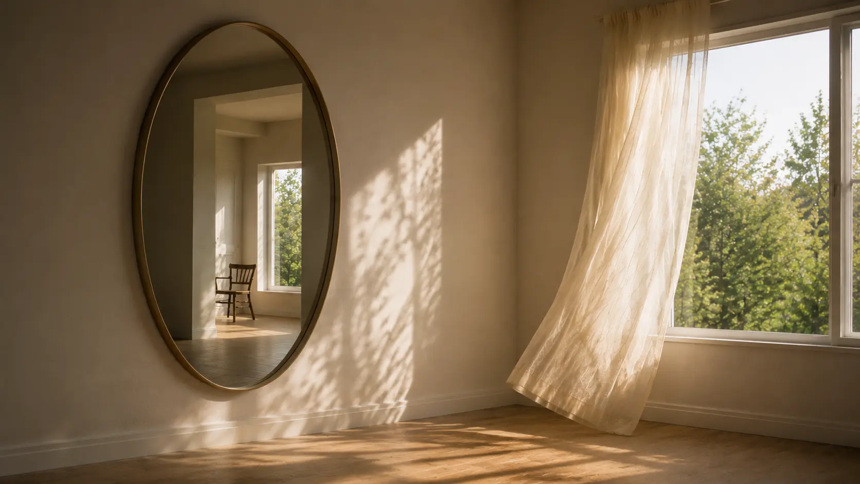 Sunlit room with an oval mirror reflecting an adjoining rom and empty chair.