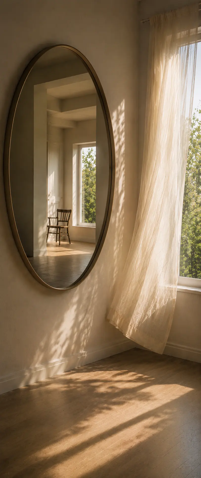 Sunlit room with an oval mirror reflecting an adjoining rom and empty chair.